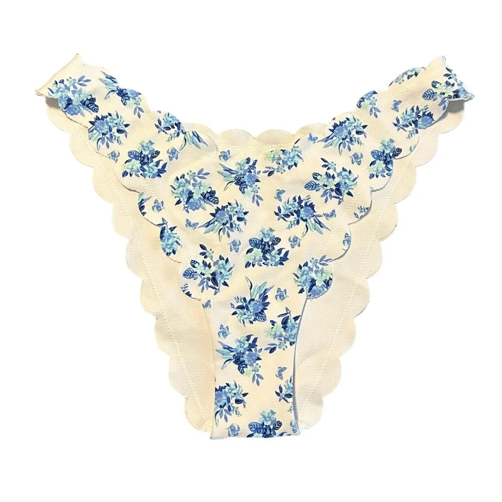 Victoria's Secret Blue Floral Scalloped Bikini Panties Cream Textured 1588